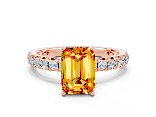 Rose gold Emerald Cut Citrine Pavé Solitaire Ring with Round Band and Prong Setting
