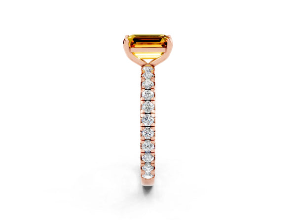 Rose gold Emerald Cut Citrine Pavé Solitaire Ring with Round Band and Prong Setting
