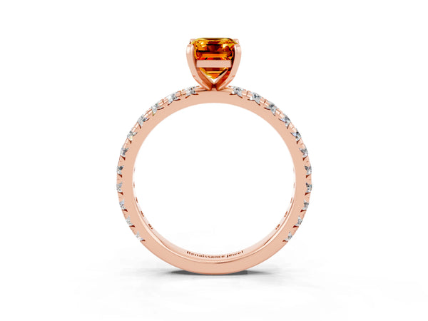 Rose gold Emerald Cut Citrine Pavé Solitaire Ring with Round Band and Prong Setting
