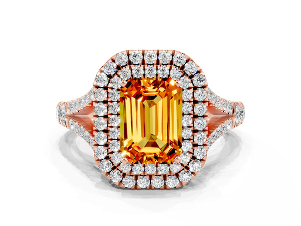 Rose gold Emerald Cut Citrine Pavé Split Shank Double Halo Engagement Ring