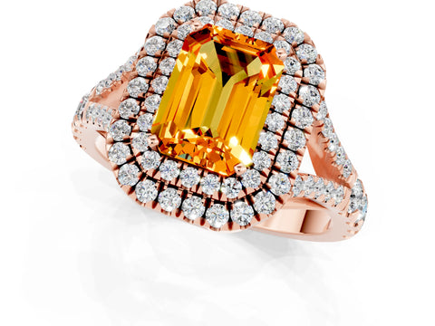 Rose gold Emerald Cut Citrine Pavé Split Shank Double Halo Engagement Ring_1