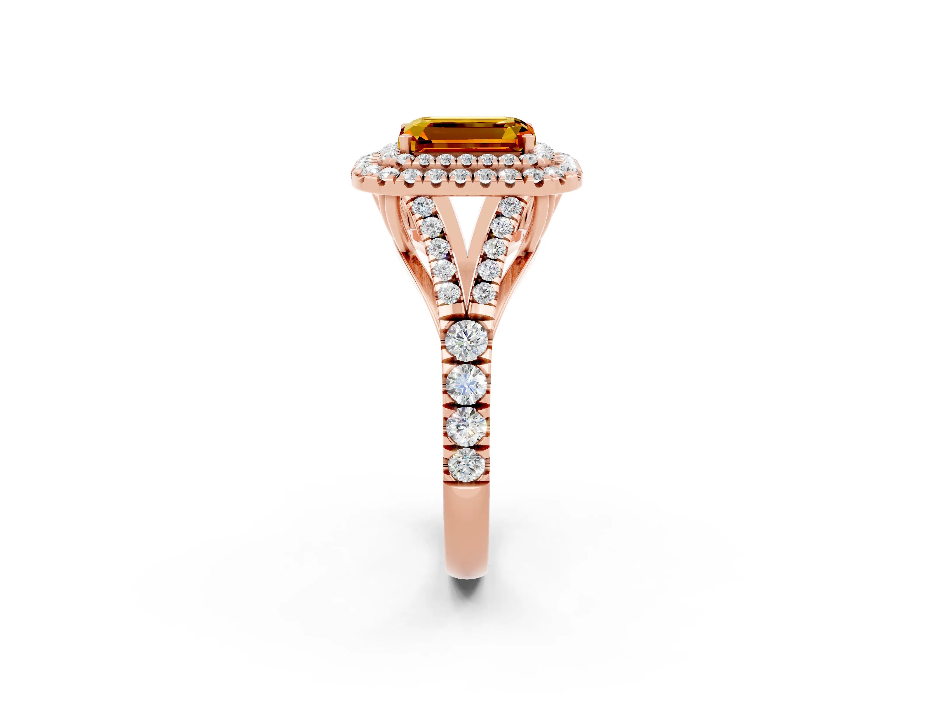 Rose gold Emerald Cut Citrine Pavé Split Shank Double Halo Engagement Ring_2