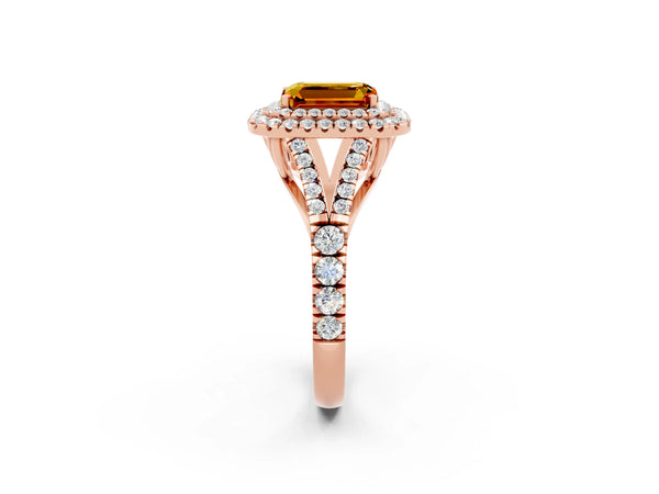 Rose gold Emerald Cut Citrine Pavé Split Shank Double Halo Engagement Ring