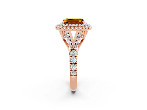 Rose gold Emerald Cut Citrine Pavé Split Shank Double Halo Engagement Ring_2