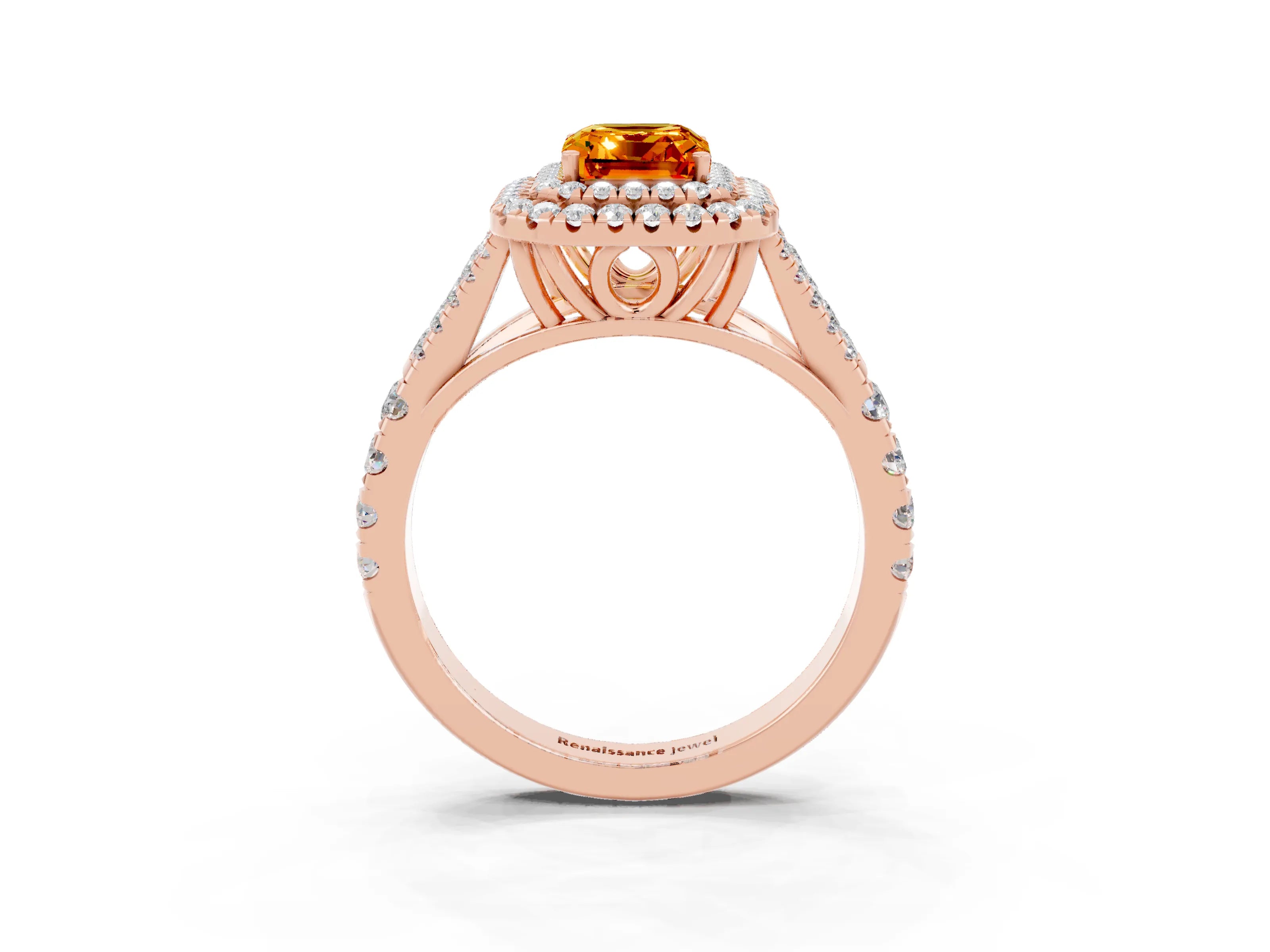 Rose gold Emerald Cut Citrine Pavé Split Shank Double Halo Engagement Ring_3