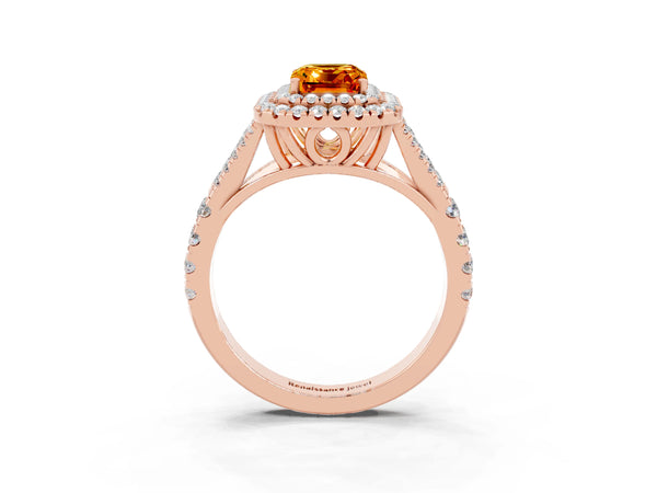Rose gold Emerald Cut Citrine Pavé Split Shank Double Halo Engagement Ring
