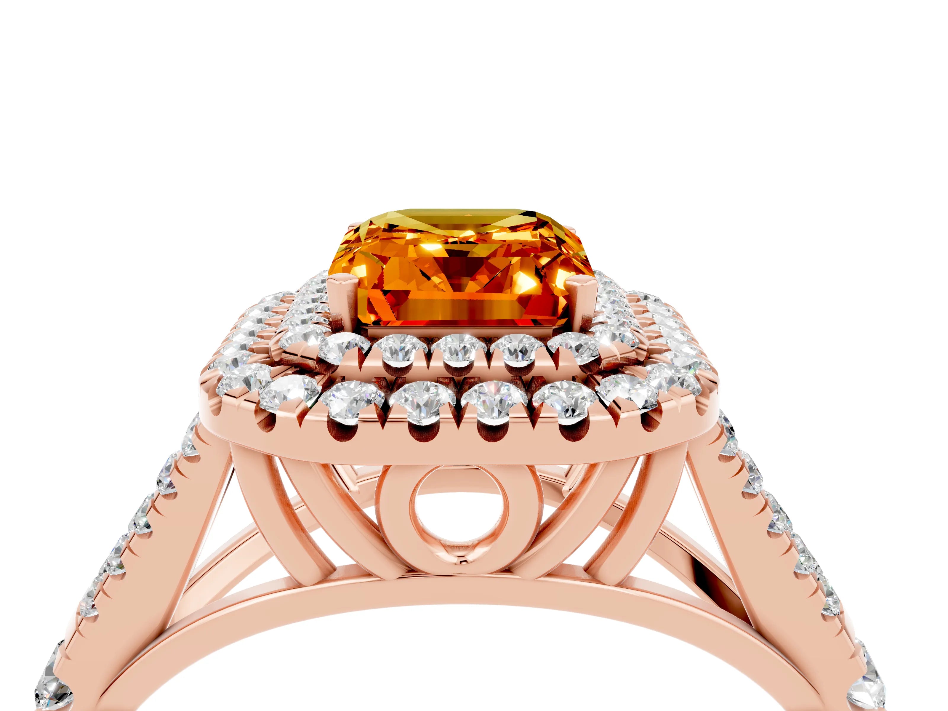 Rose gold Emerald Cut Citrine Pavé Split Shank Double Halo Engagement Ring_4