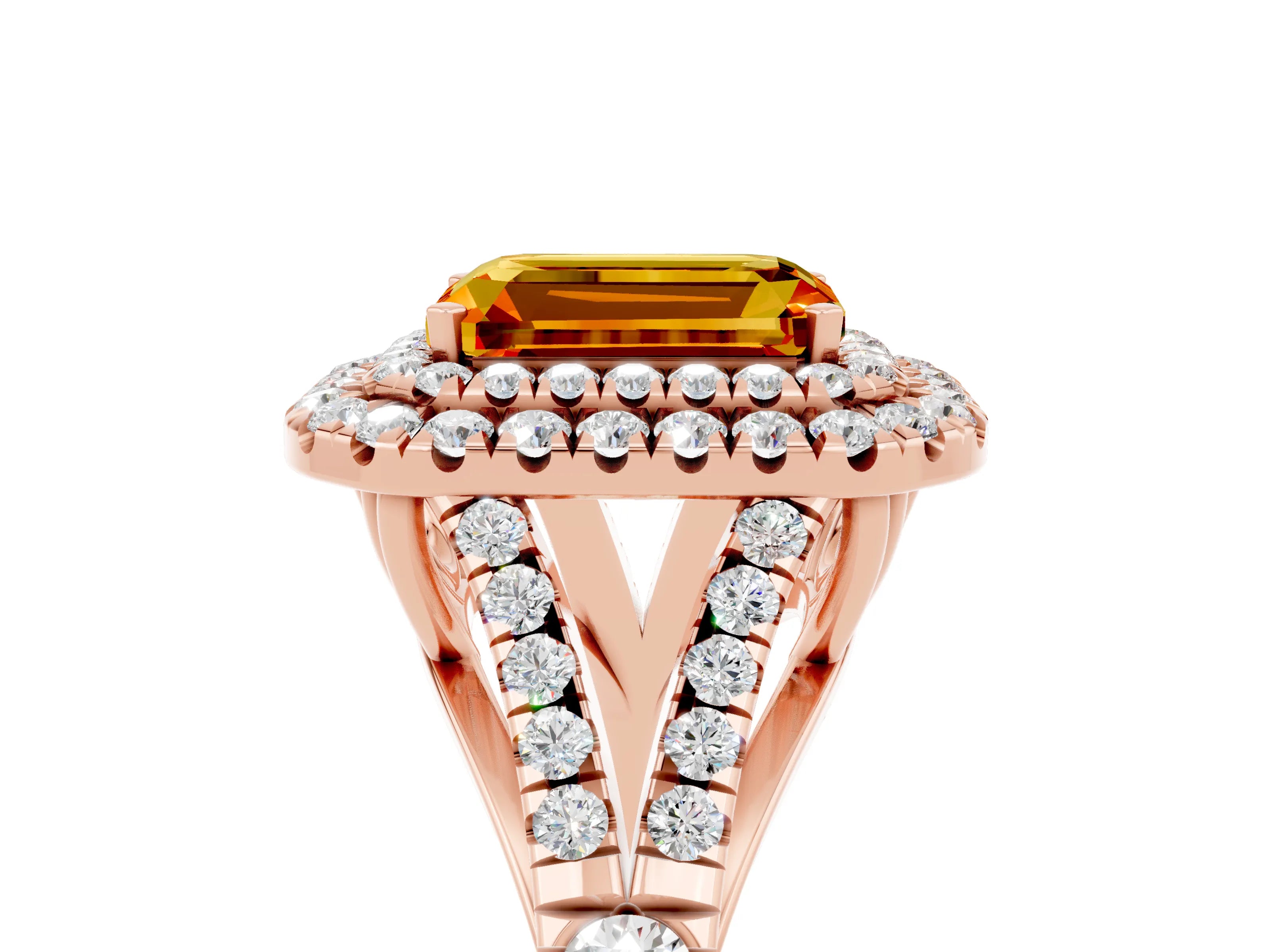 Rose gold Emerald Cut Citrine Pavé Split Shank Double Halo Engagement Ring_5