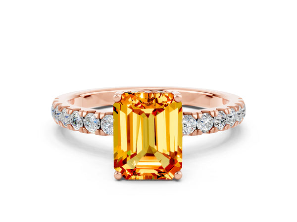 Rose gold Emerald Cut Citrine Pave Band Solitaire Ring with Round  and Prong Setting