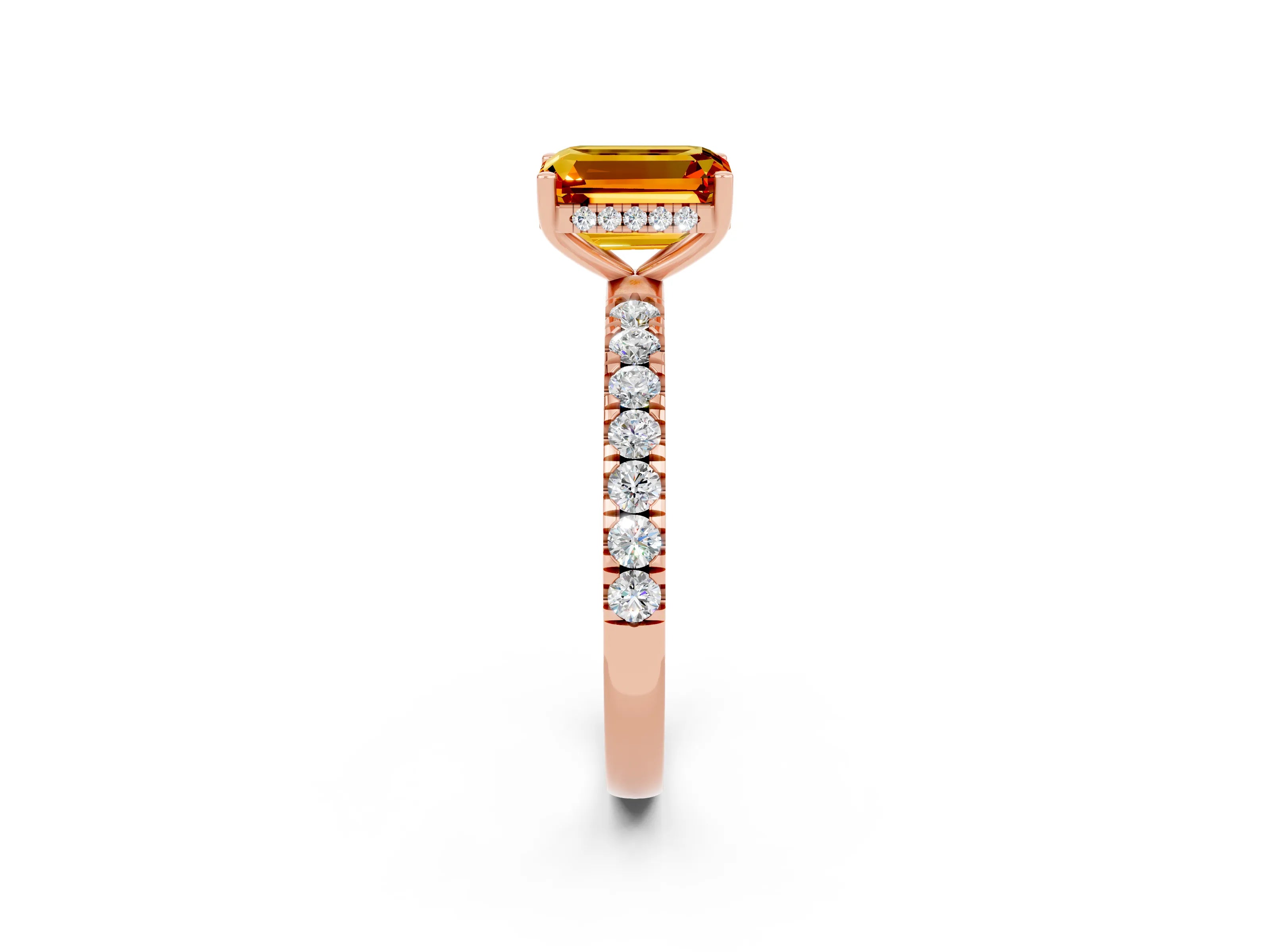 Rose gold Emerald Cut Citrine Pave Band Solitaire Ring with Four-Prong Setting_26