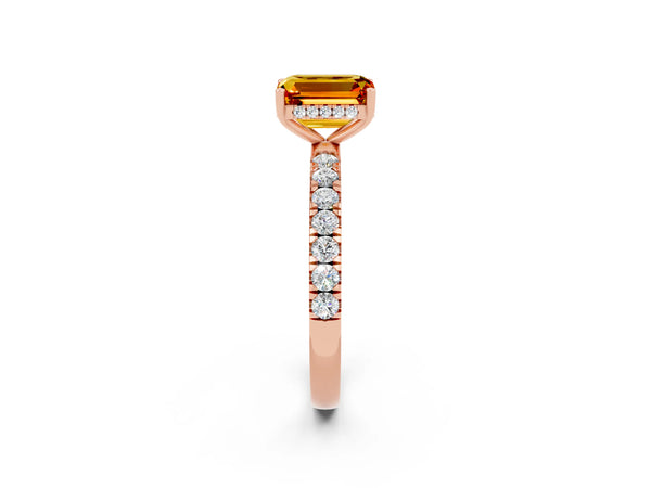 Rose gold Emerald Cut Citrine Pave Band Solitaire Ring with Round  and Prong Setting