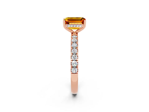 Rose gold Emerald Cut Citrine Pave Band Solitaire Ring with Four-Prong Setting_26