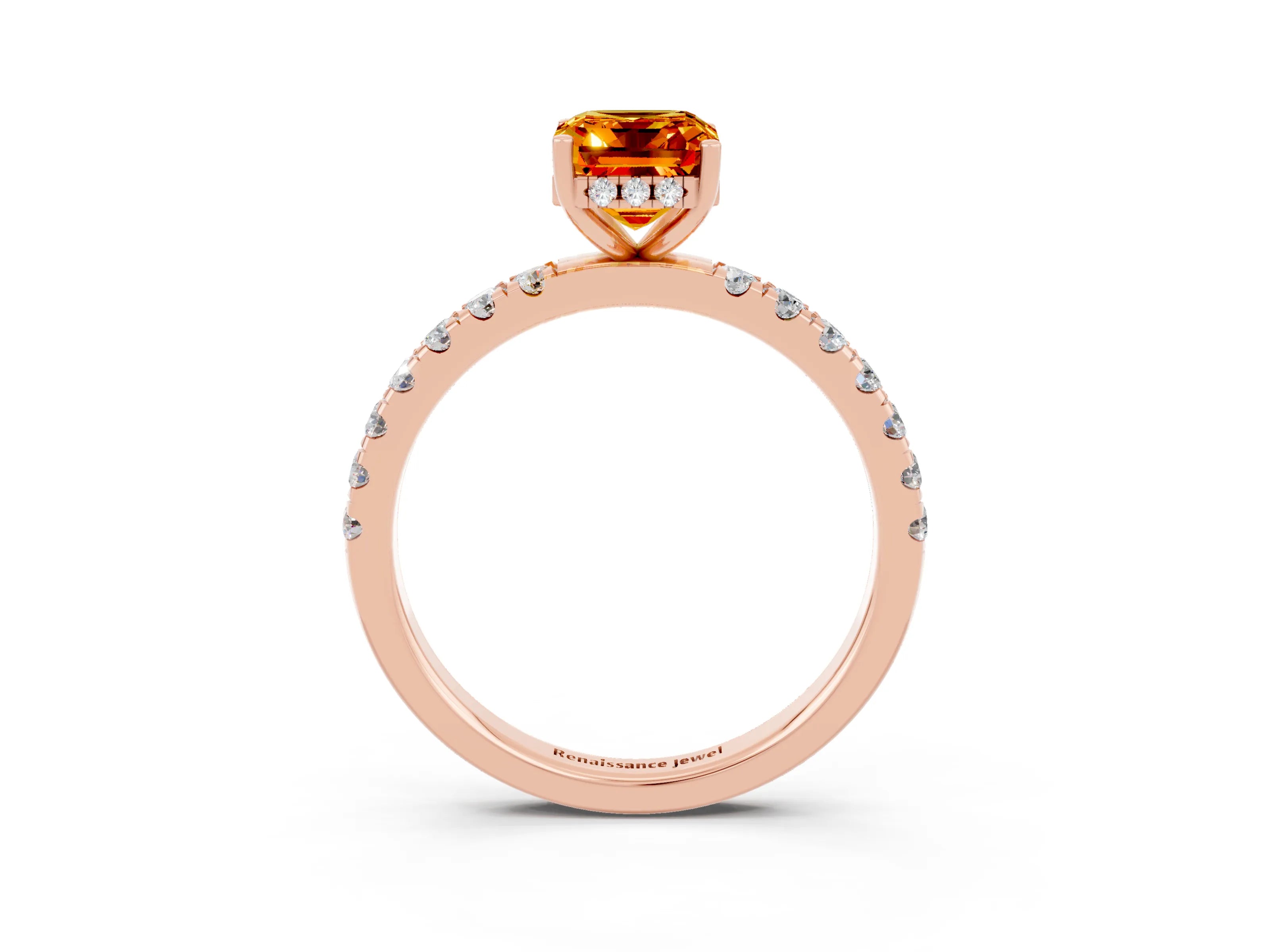 Rose gold Emerald Cut Citrine Pave Band Solitaire Ring with Four-Prong Setting_27