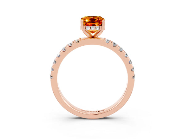 Rose gold Emerald Cut Citrine Pave Band Solitaire Ring with Round  and Prong Setting