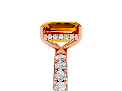 Rose gold Emerald Cut Citrine Pave Band Solitaire Ring with Four-Prong Setting_29