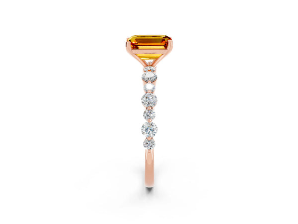 Rose gold Emerald Cut Citrine Prong Set Engagement Ring with Pavé Band