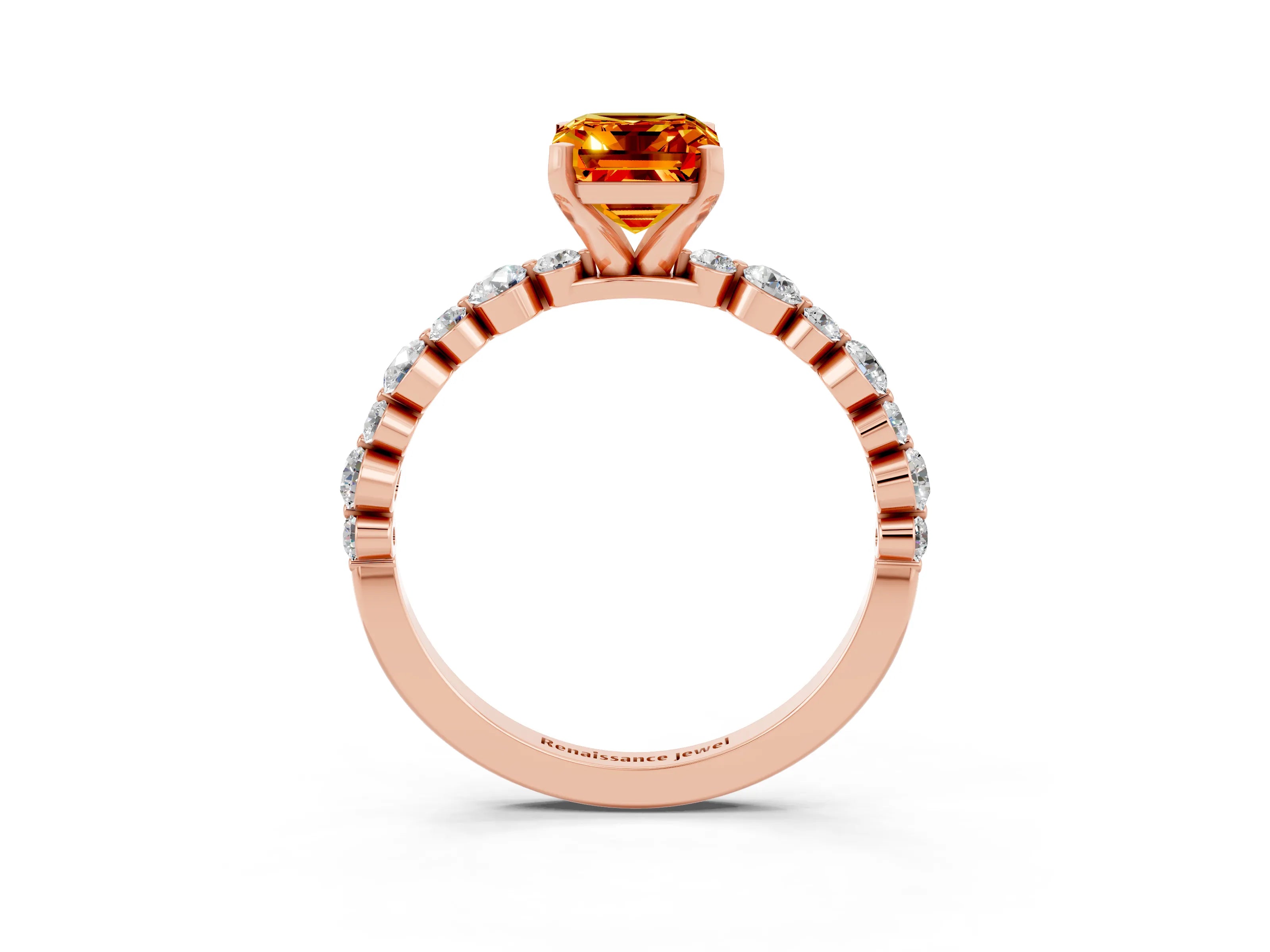 Rose gold Emerald Cut Citrine Prong Set Engagement Ring with Pavé Band_3