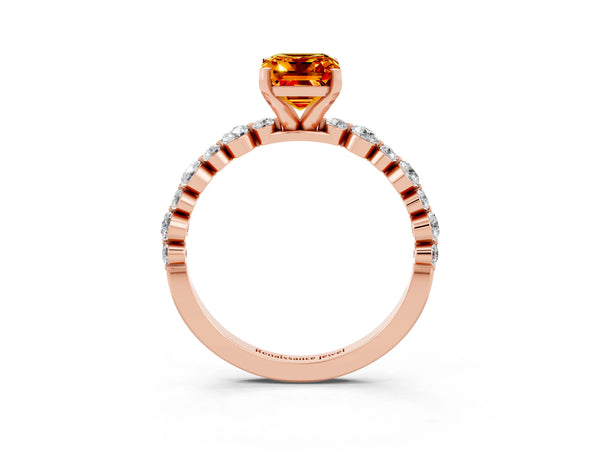 Rose gold Emerald Cut Citrine Prong Set Engagement Ring with Pavé Band