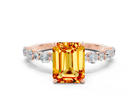 Rose gold Emerald Cut Citrine Prong Set Engagement Ring with Pavé Band