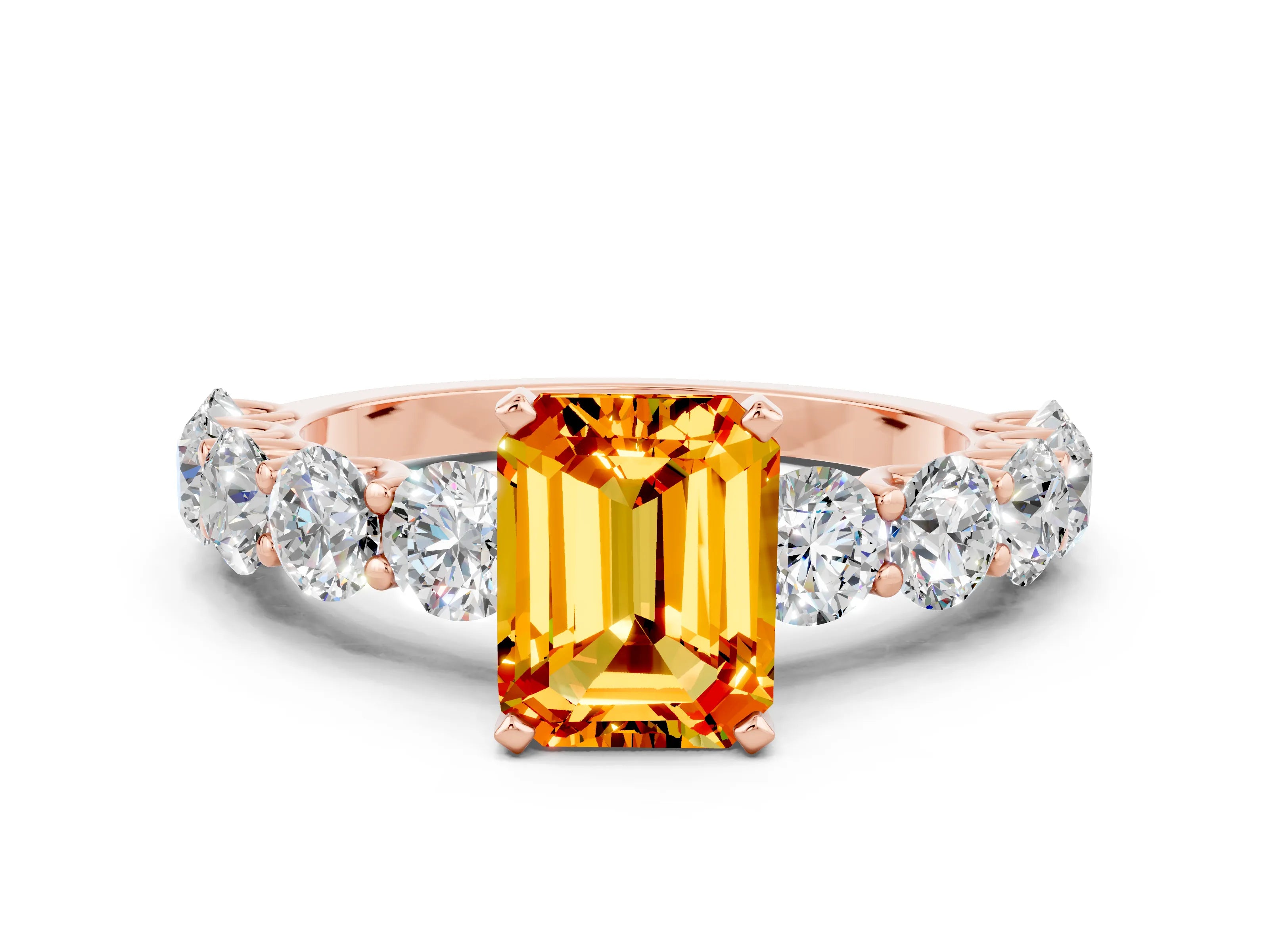 Rose gold Emerald Cut Citrine Prong Setting with Side Stones on a Pave Band
