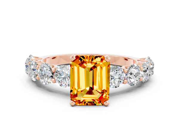Rose gold Emerald Cut Citrine Prong Setting with Side Stones on a Pave Band