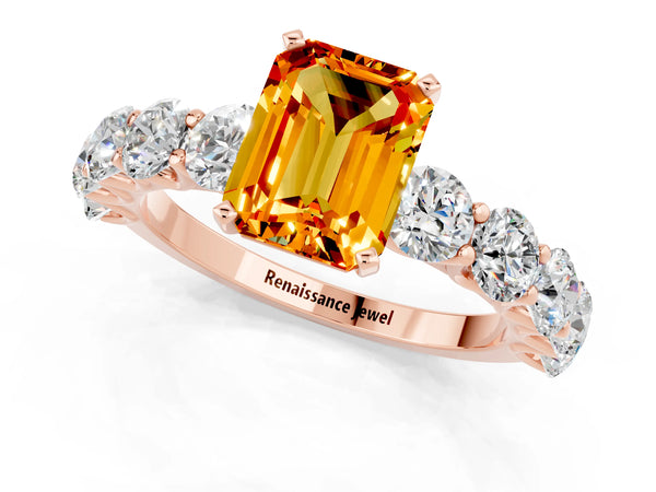 Rose gold Emerald Cut Citrine Prong Setting with Side Stones on a Pave Band