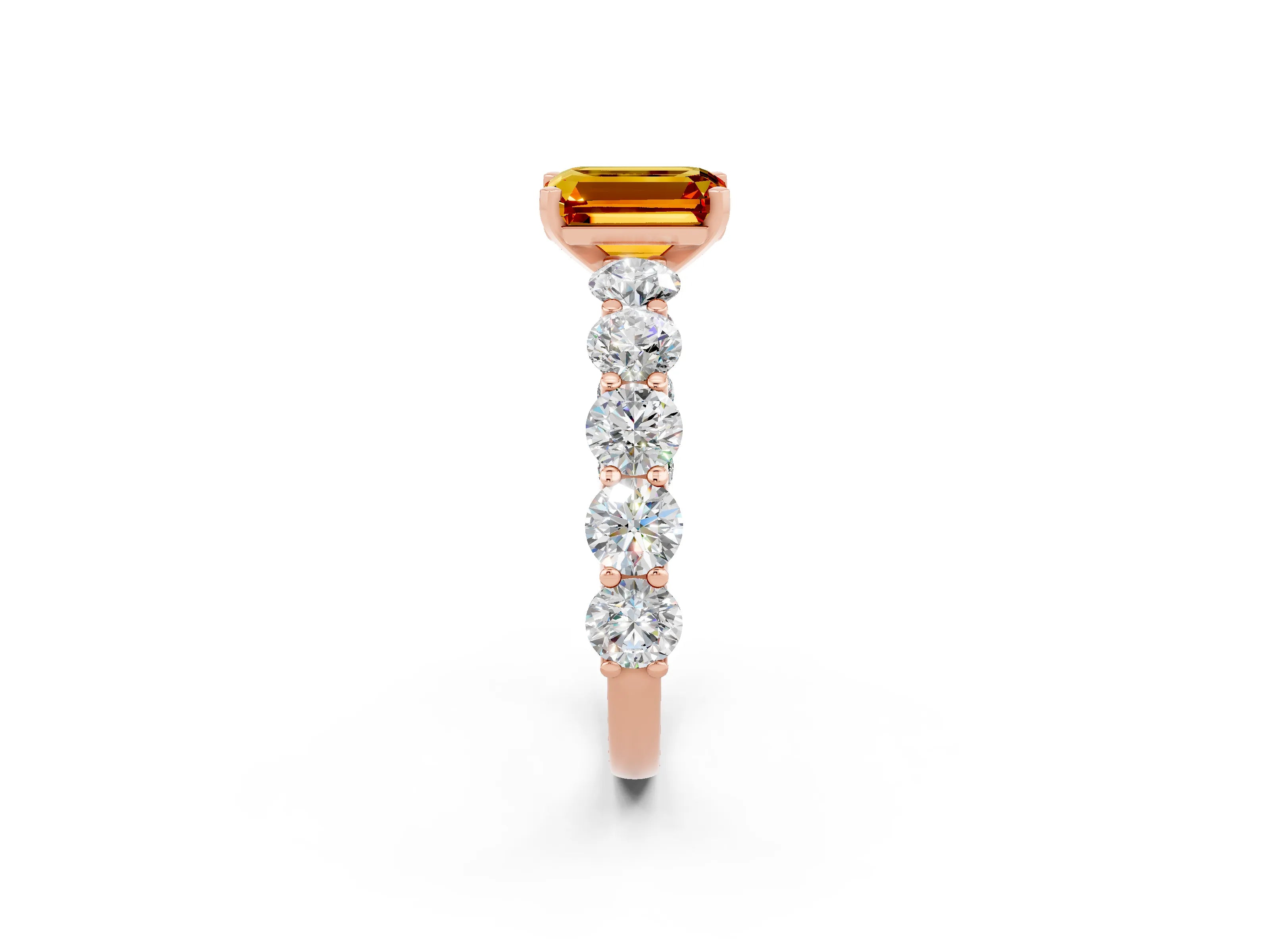 Rose gold Emerald Cut Citrine Prong Setting with Side Stones on a Pave Band_2