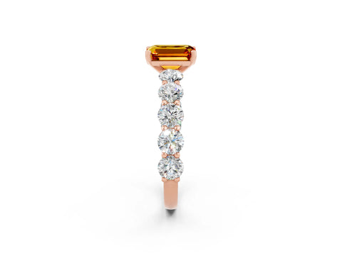 Rose gold Emerald Cut Citrine Prong Setting with Side Stones on a Pave Band_2