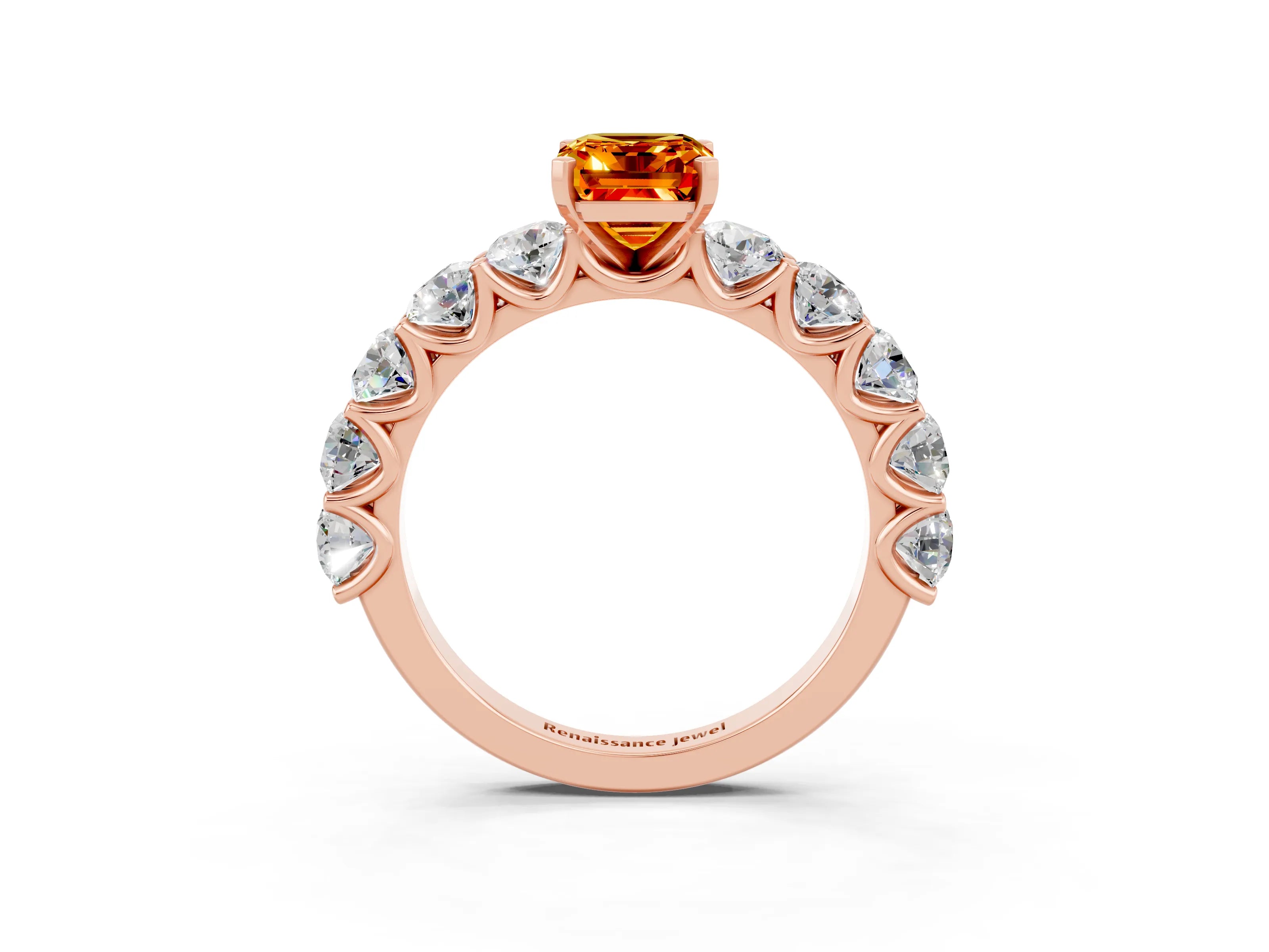 Rose gold Emerald Cut Citrine Prong Setting with Side Stones on a Pave Band_3