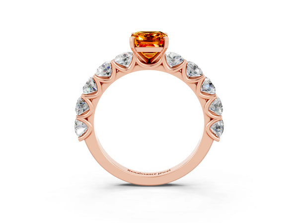 Rose gold Emerald Cut Citrine Prong Setting with Side Stones on a Pave Band