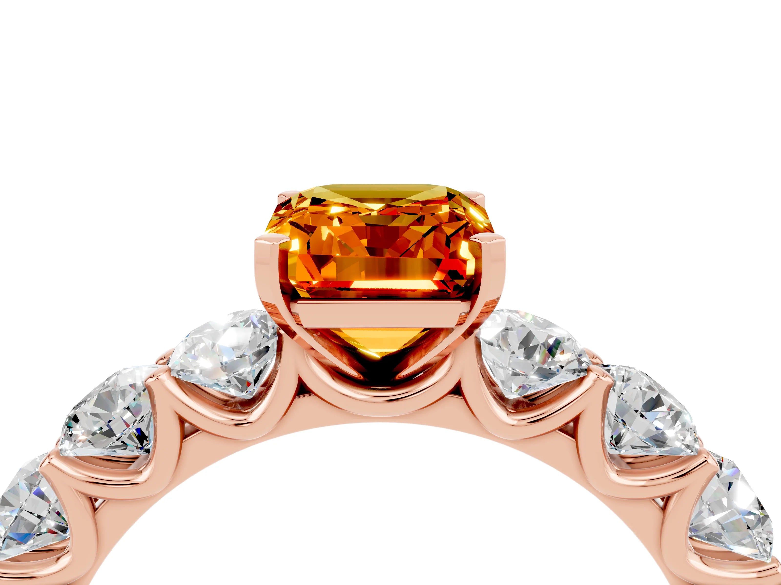 Rose gold Emerald Cut Citrine Prong Setting with Side Stones on a Pave Band_4