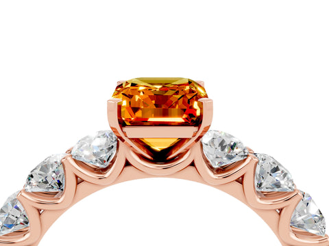 Rose gold Emerald Cut Citrine Prong Setting with Side Stones on a Pave Band_4
