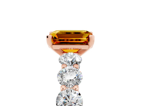 Rose gold Emerald Cut Citrine Prong Setting with Side Stones on a Pave Band_5