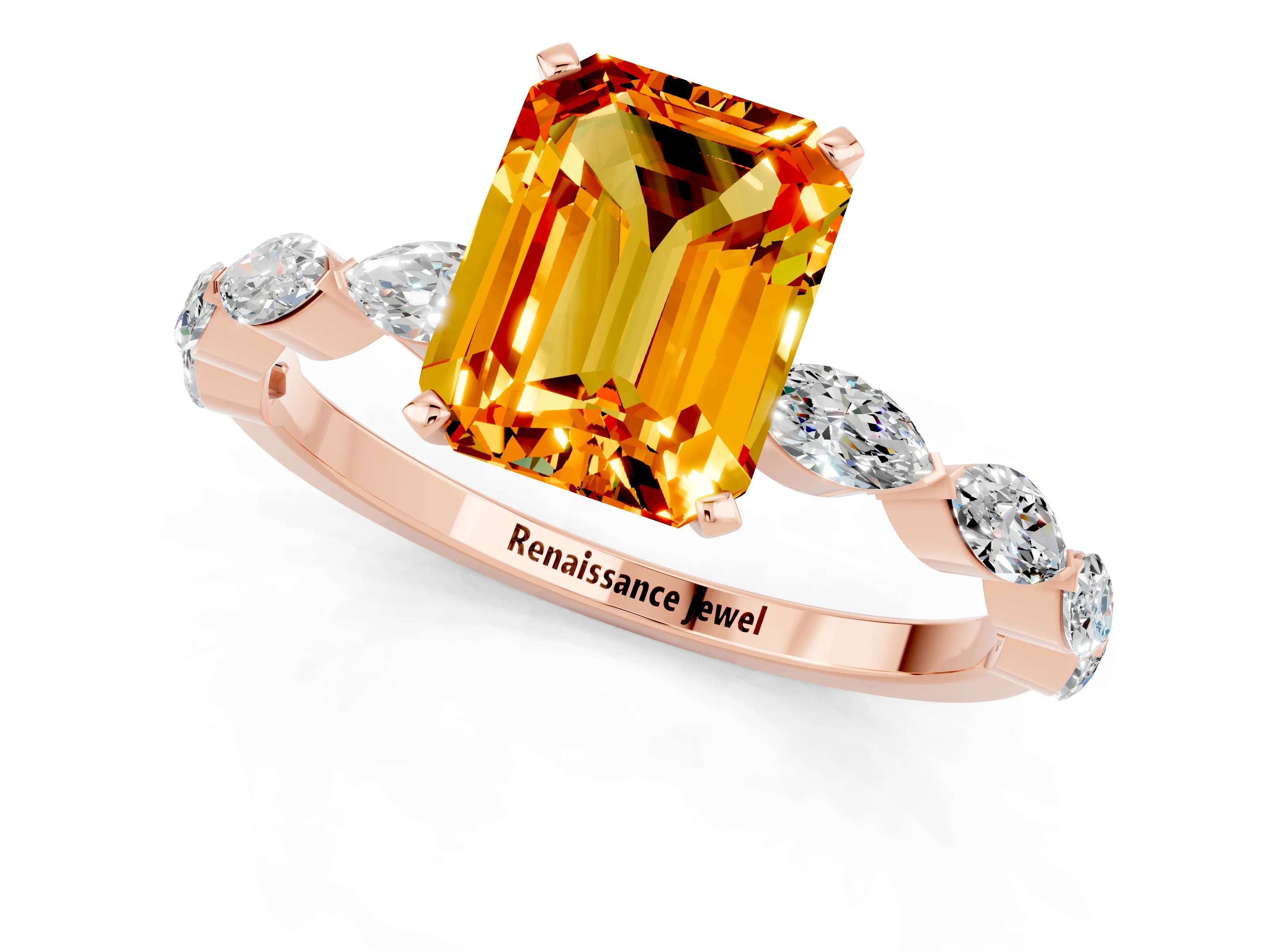 Rose gold Emerald Cut Citrine Ring with Marquise Side Stones and Prong Setting_1