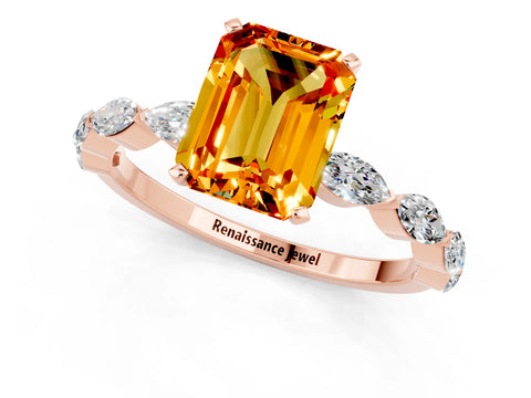 Rose gold Emerald Cut Citrine Ring with Marquise Side Stones and Prong Setting_1