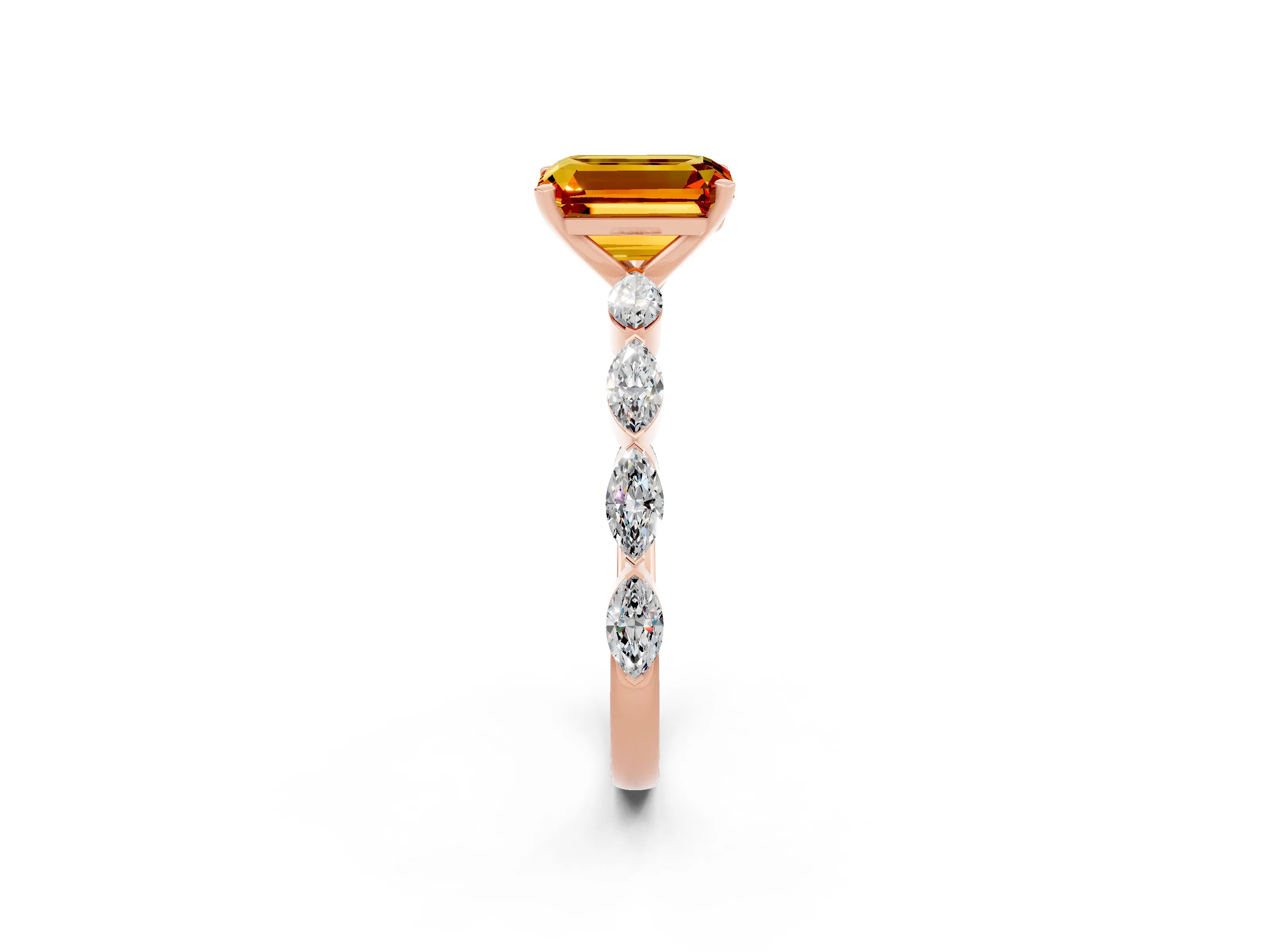 Rose gold Emerald Cut Citrine Ring with Marquise Side Stones and Prong Setting_2