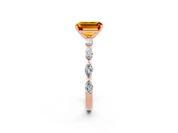 Rose gold Emerald Cut Citrine Ring with Marquise Side Stones and Prong Setting