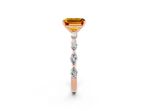 Rose gold Emerald Cut Citrine Ring with Marquise Side Stones and Prong Setting_2