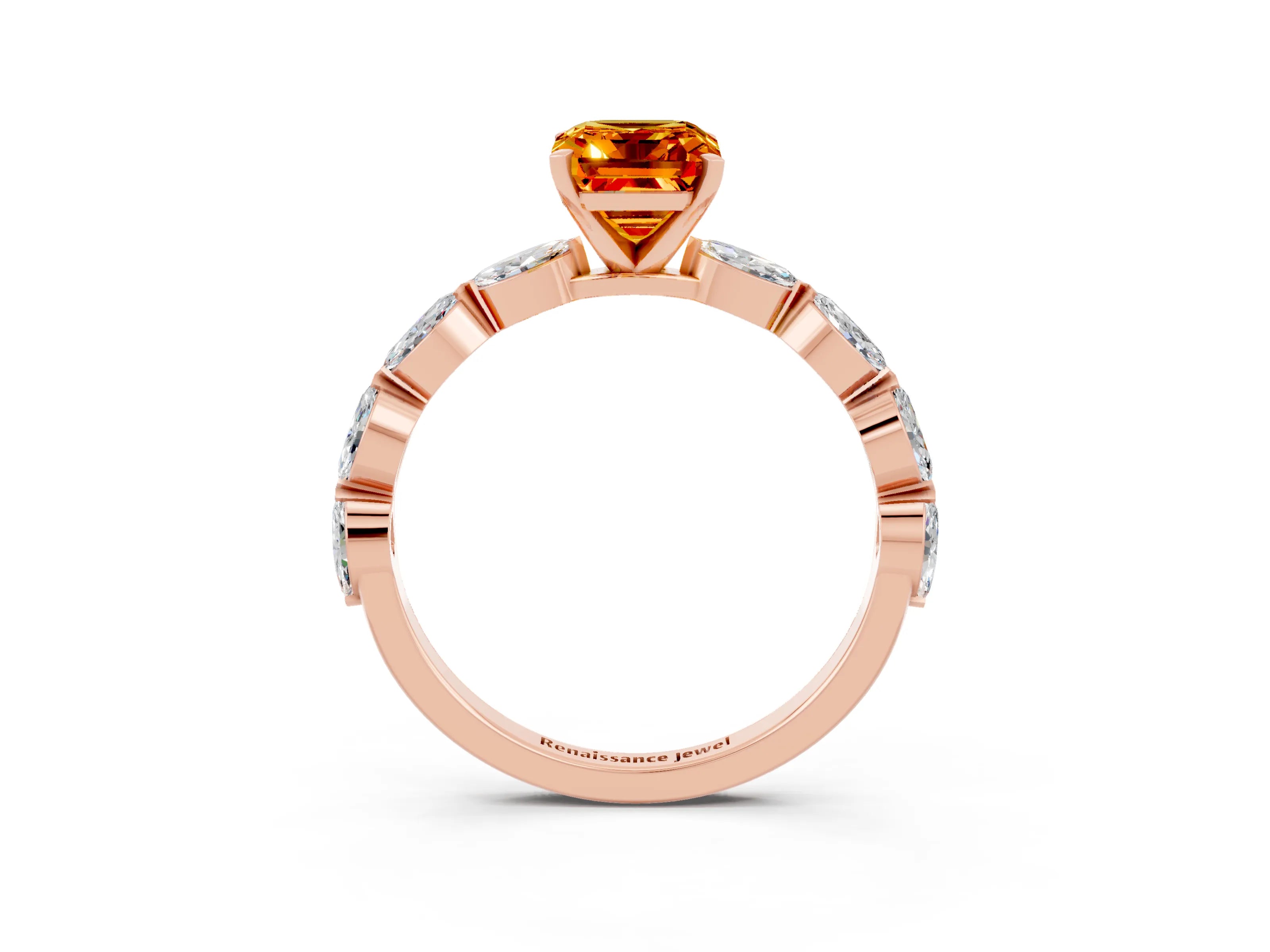 Rose gold Emerald Cut Citrine Ring with Marquise Side Stones and Prong Setting_3