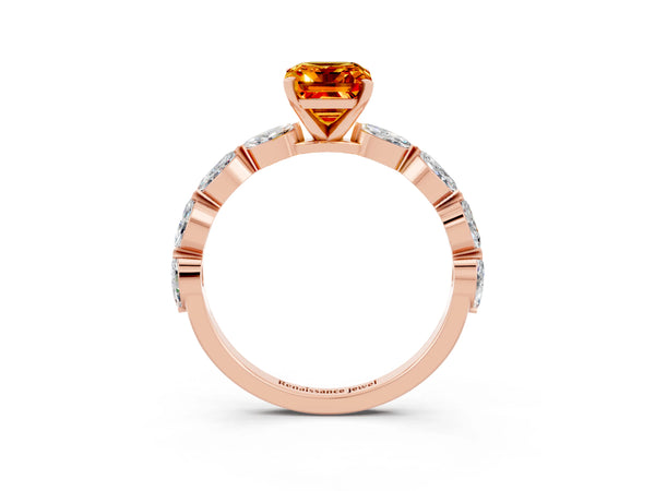 Rose gold Emerald Cut Citrine Ring with Marquise Side Stones and Prong Setting