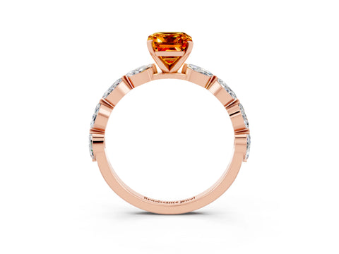 Rose gold Emerald Cut Citrine Ring with Marquise Side Stones and Prong Setting_3