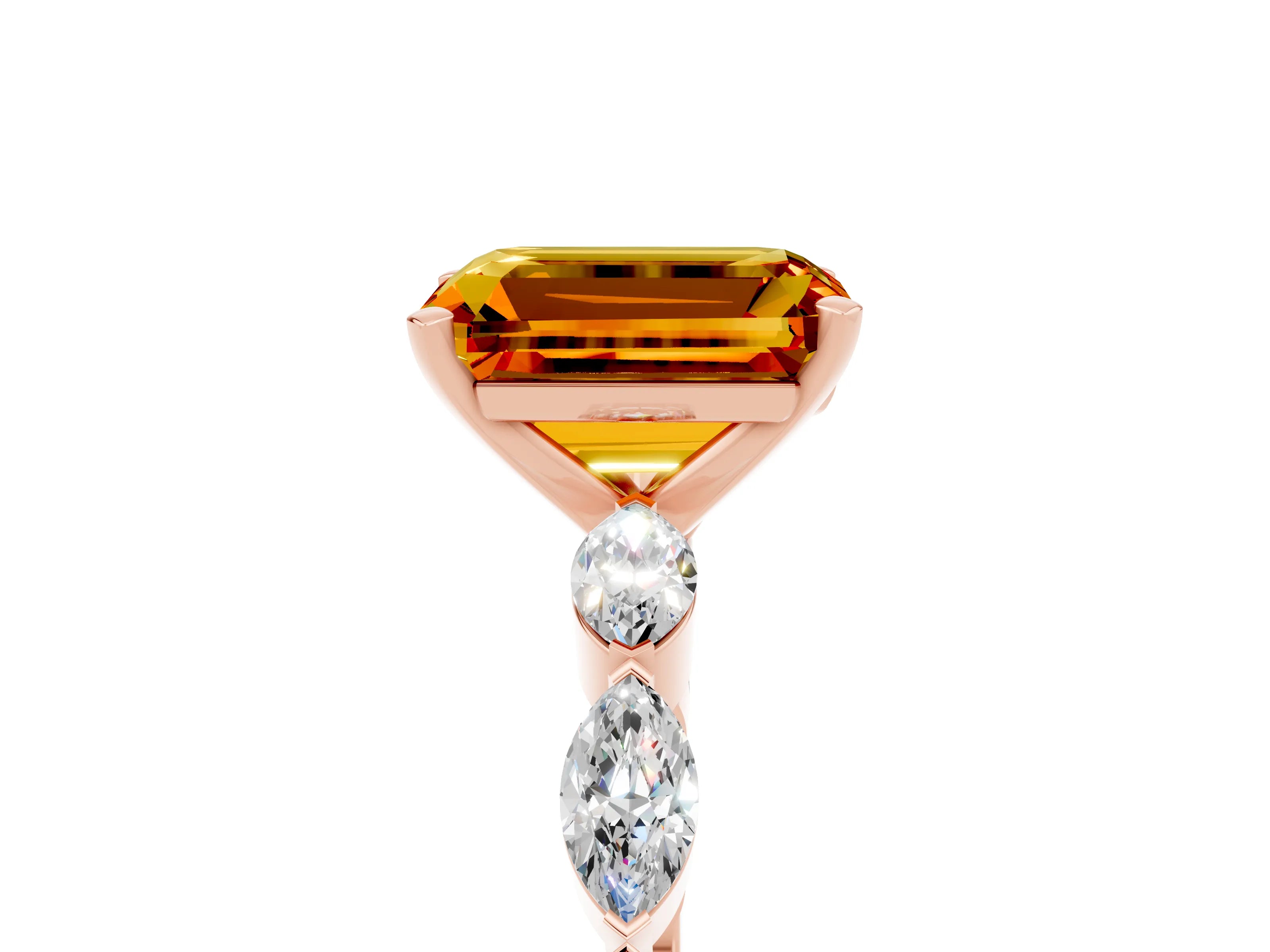 Rose gold Emerald Cut Citrine Ring with Marquise Side Stones and Prong Setting_5