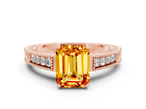 Rose gold Emerald Cut Citrine Ring with Milgrain Pavé Band and Four-Prong Setting_12
