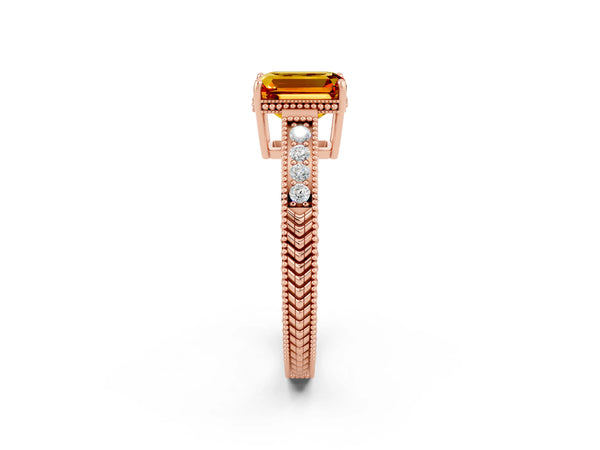 Rose gold Emerald Cut Citrine Ring with Milgrain Pavé Band and Four-Prong Setting