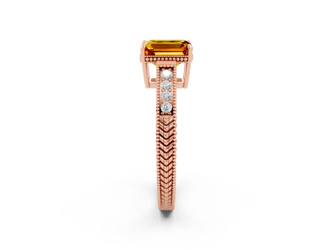 Rose gold Emerald Cut Citrine Ring with Milgrain Pavé Band and Four-Prong Setting_14