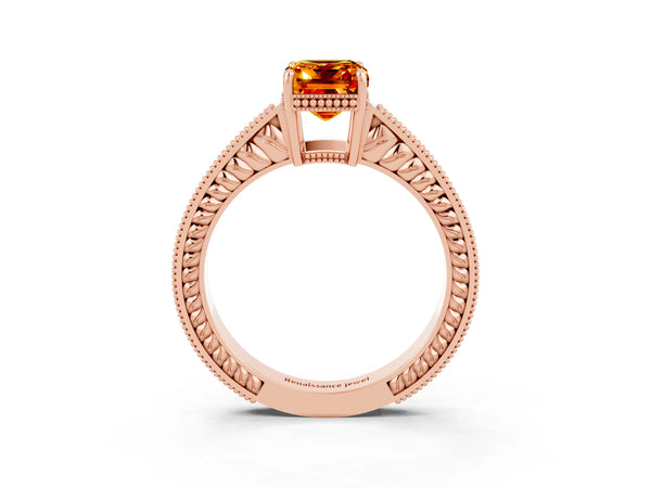 Rose gold Emerald Cut Citrine Ring with Milgrain Pavé Band and Four-Prong Setting