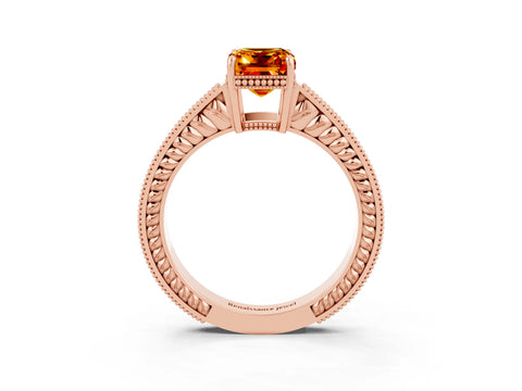 Rose gold Emerald Cut Citrine Ring with Milgrain Pavé Band and Four-Prong Setting_15