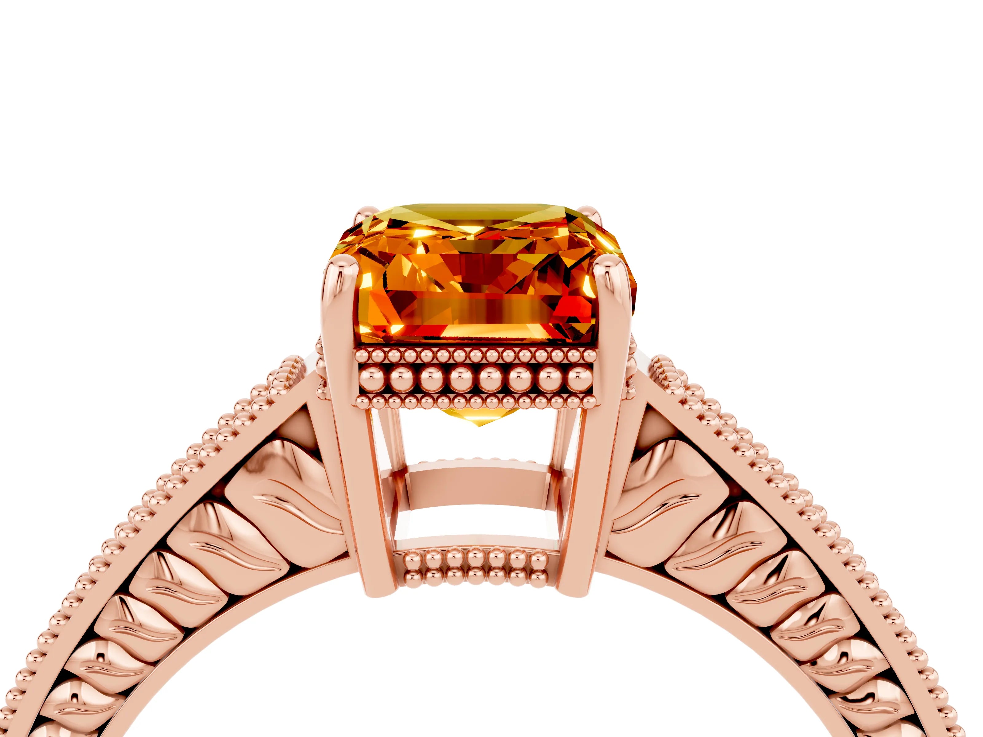 Rose gold Emerald Cut Citrine Ring with Milgrain Pavé Band and Four-Prong Setting_16