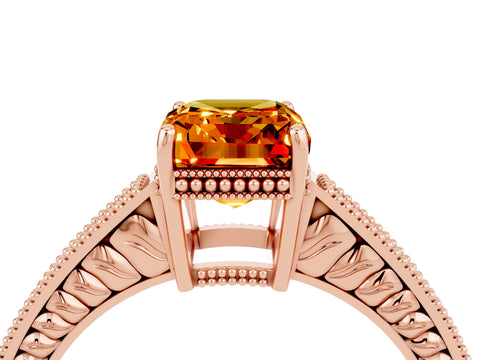 Rose gold Emerald Cut Citrine Ring with Milgrain Pavé Band and Four-Prong Setting_16