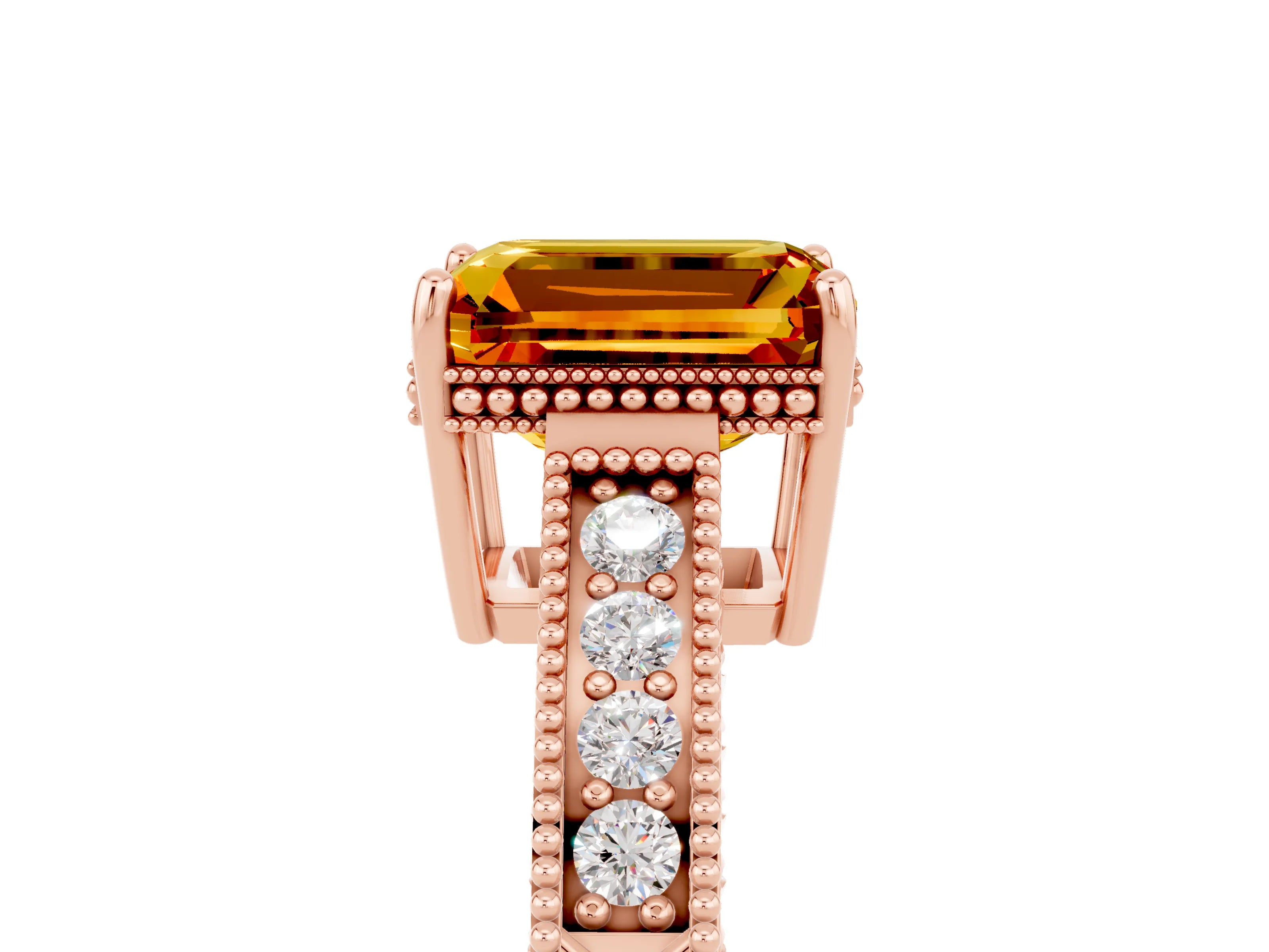 Rose gold Emerald Cut Citrine Ring with Milgrain Pavé Band and Four-Prong Setting_17